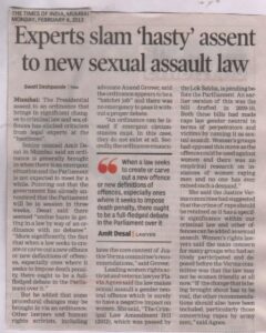 Experts Slam Hasty Assent to New Sexual Assult Law (TOI-4 feb 13)